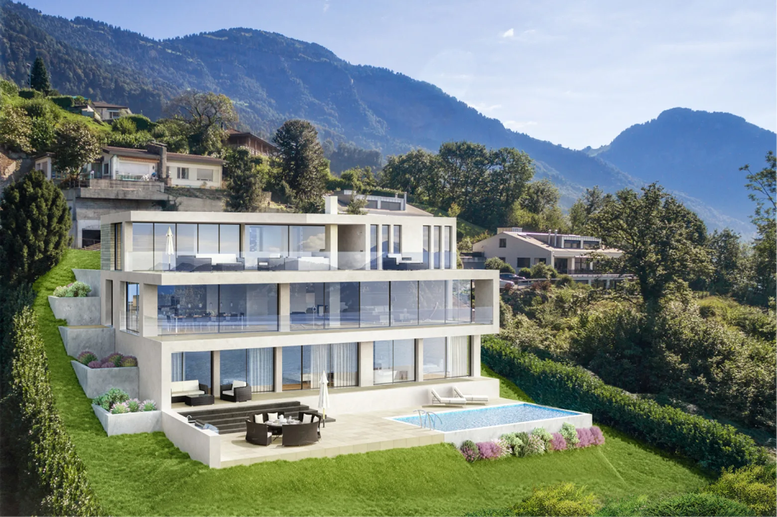 Visualisation d'une maison à plusieurs étages avec piscine.