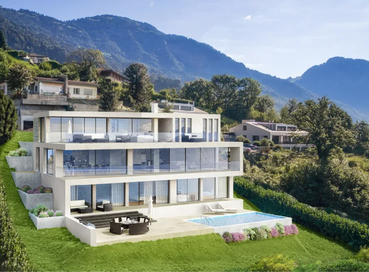 Visualisierung eines mehrstöckigen Hauses mit Pool.
